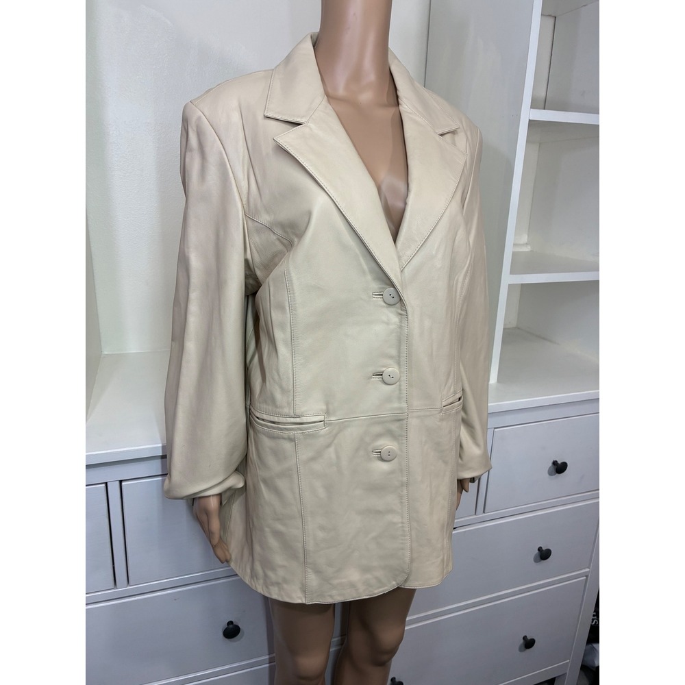 Pamela McCoy Cream Beige Genuine Leather Blazer Jacket Size L 3 Button Lined - Picture 7 of 14